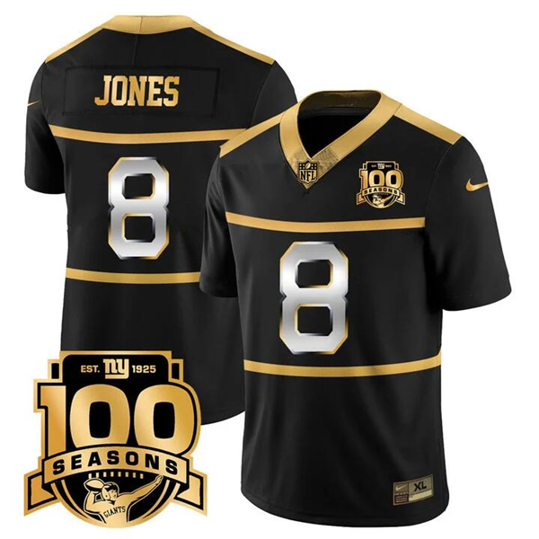 Men's New York Giants #8 Daniel Jones Black Gold 100TH Season Commemorative Patch Limited Stitched Football Jersey Men's New York Giants #8 Daniel Jones Black Gold 100TH Season Commemorative Patch Limited Stitched Football Jersey